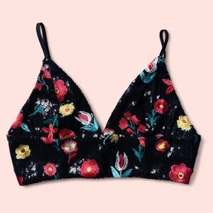 Forever 21 Black Sequin Embroidered Floral Bralette – Size Small